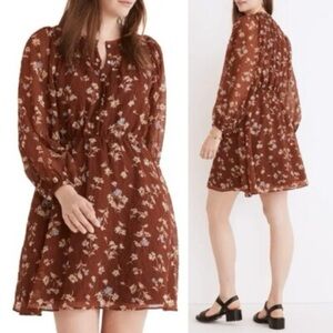 Madewell Norma Rae Floral Brown Long Sleeve Mini Dress Size Small